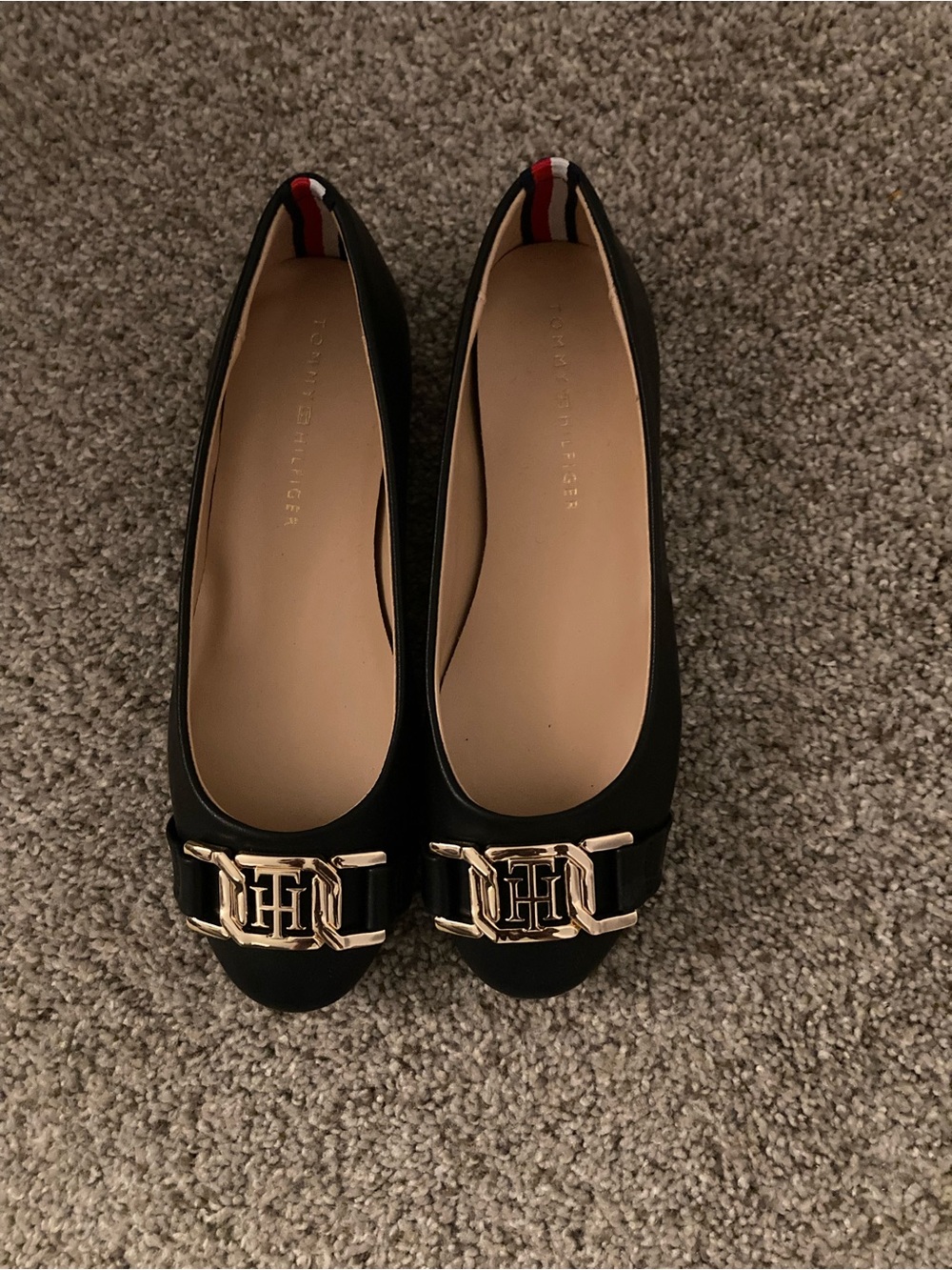 Tommy Hilfiger Black Ballet Flats with Gold Logo Accent